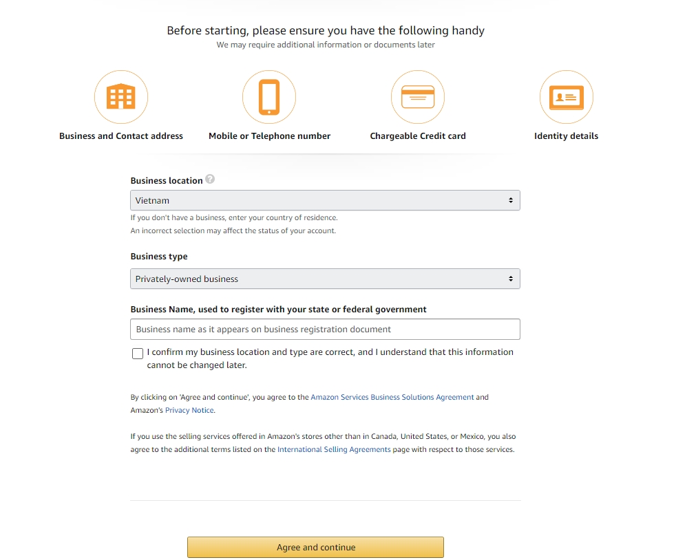 điền thông tin doanh nghiệp - đăng ký bán hàng trên amazon